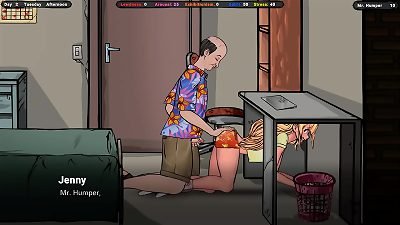 The landlord secretly ejaculates on Jenny's butt while she's under the table. hentai Game